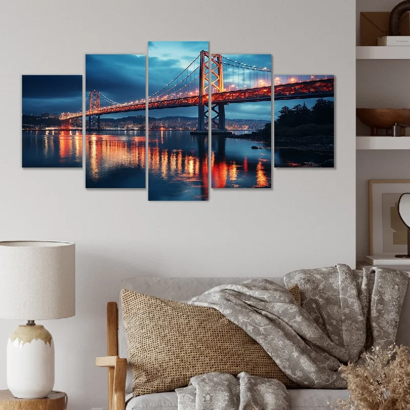 nature wall art for office-Designart "Panoramic Bridge Sunrise I" Red Bridges Set Of 5 - Traditional Oversized Canvas Art For Bedroom Decor