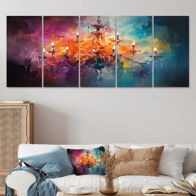 large geometric art for living room-Designart "Pink Baroque Luminary Chandelier Radiance" Chandelier Set Of 5 Glam Oversized Canvas Art Print For Home Decor