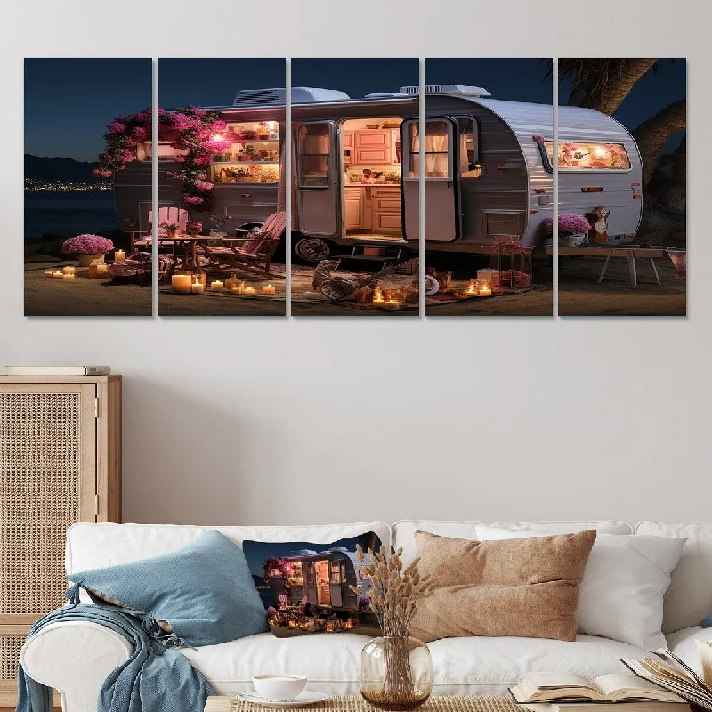 oversized botanical canvas art for bedroom-Designart "Pink Camping Van Desert Getaway II" Camping Travel Set Of 5 - Country Oversized Canvas Wall Art For Entryway