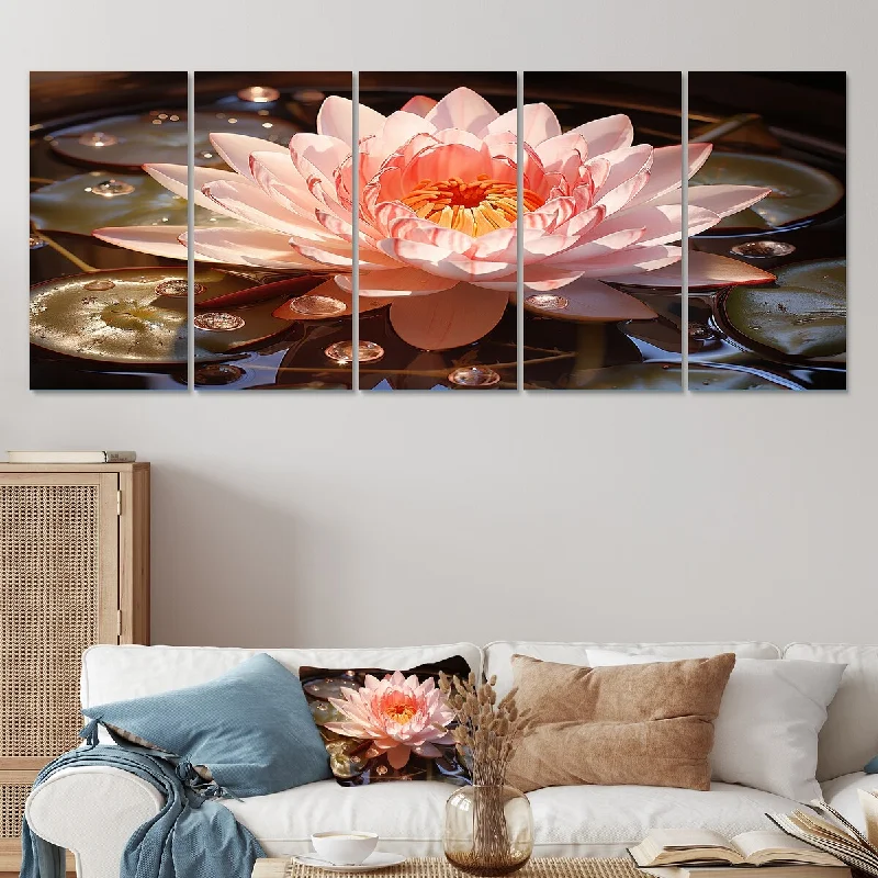 colorful floral wall paintings-Designart "Pink Glow Sunshine Lily Pads" Pink Lily Set Of 5 - Modern Oversized Canvas Art For Bedroom Decor