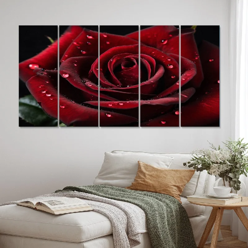 vibrant nature photography wall art-Designart "Red Rose with Raindrops V" Floral Multipanel Canvas Print set