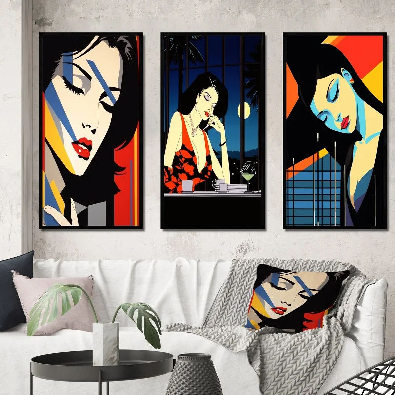 oversized botanical wall art prints-Designart "Retro Woman Portrait Pop art" Woman Pop Art Framed Wall Art Set Of 3 Glam Frame Gallery Set For Office Decor