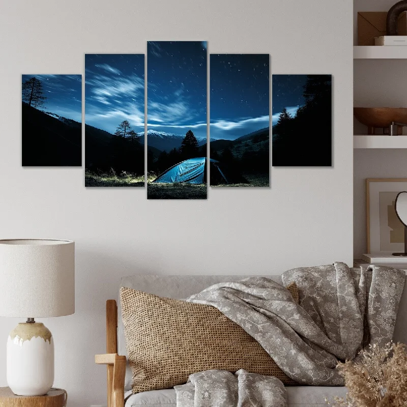 modern watercolor canvas prints-Designart "Starlit Camping In Canada I" Blue Camping Travel Set Of 5 - Country Oversized Canvas Art For Bedroom Decor