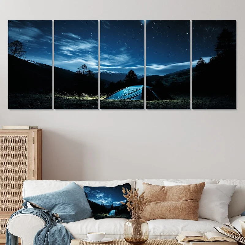 coastal botanical art for home-Designart "Starlit Camping In Canada I" Blue Camping Travel Set Of 5 - Country Oversized Canvas Art For Bedroom Decor