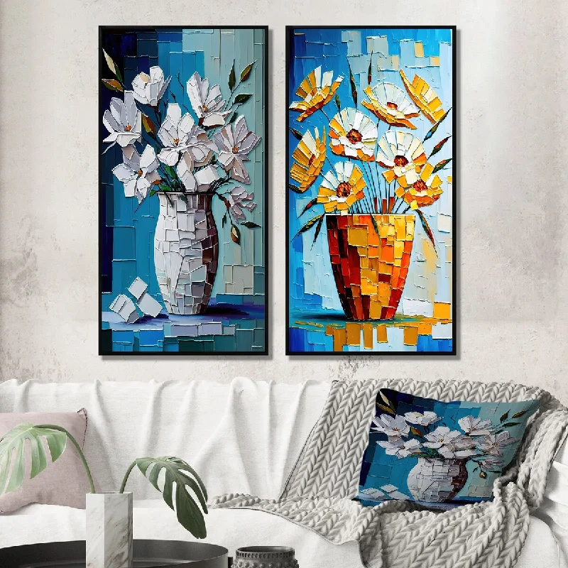 contemporary pop art for wall-Designart "Still Life White Blossoming Flowers On Blue I" Floral Framed Wall Art Gallery Wall Set For Home Decor