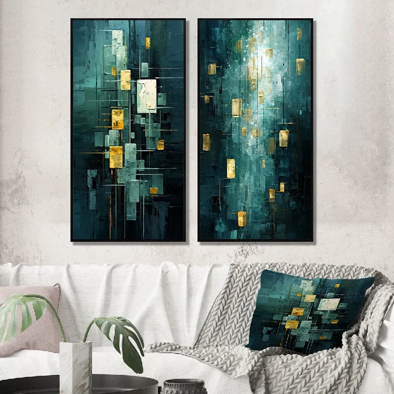 tropical landscape art prints-Designart "Sudden Serenity Abstract Turquoise And Gold I" Abstract Painting Wall Art Décor - Modern Wall Art Set Of 2