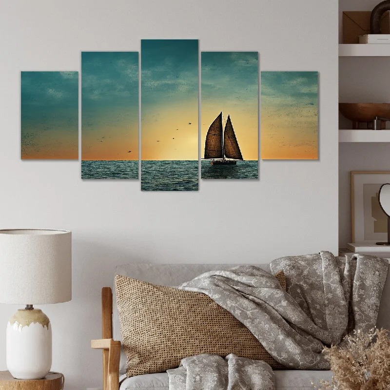 geometric wall art for bedroom-Designart "Sunset Sailboat Silhouette Photo" Coastal Minimalism Set Of 5 Oversized Canvas Art Print For Home Decor