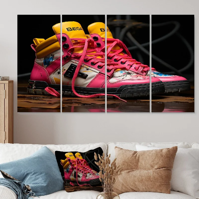 modern cityscape art prints for home-Designart "Urban Edge Pink Sneakers" Balenciaga Canvas Set Of 4 - Oversized Glam Wall Decor Art For Living Room