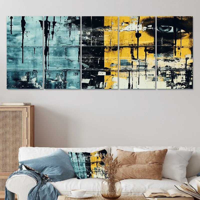 large abstract art for home office-Designart "Urban Odyssey Collages II" Yellow Abstract Collages Set Of 5 - Modern Oversized Wall Art Decor For Hallway