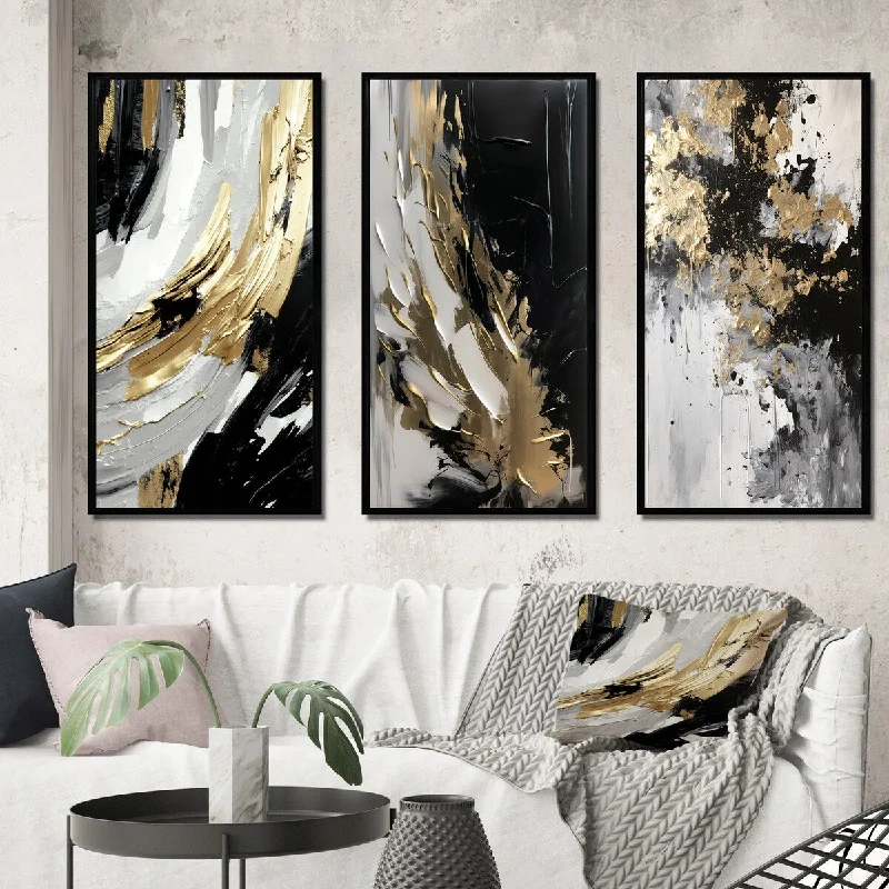 abstract minimalist canvas art-Designart "Waves Of Midnight Passion Abstract Black Gold III" Abstract Painting Frame Gallery Set Of 3 For Office Decor