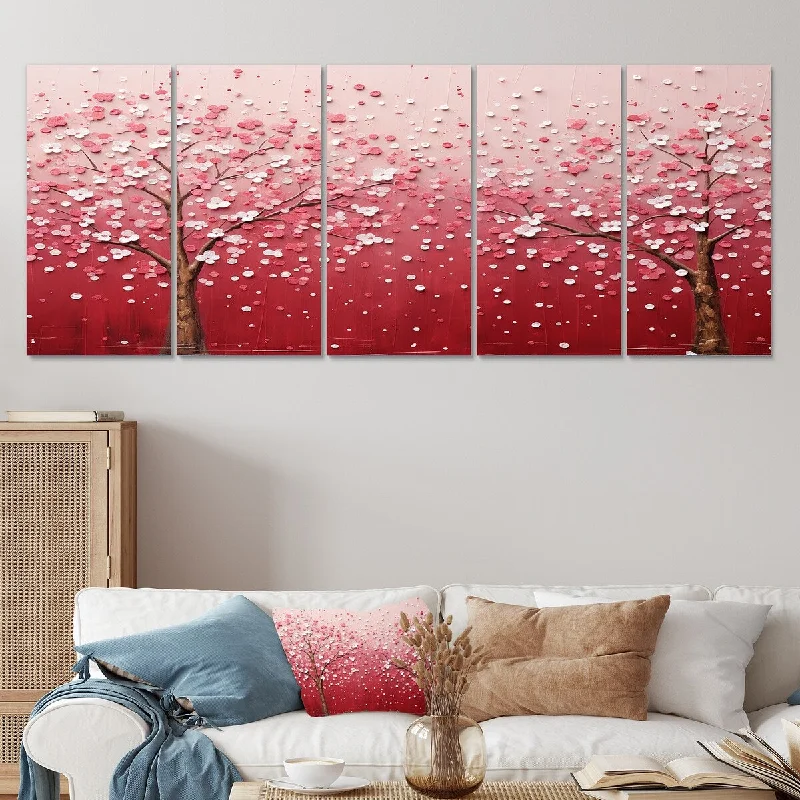 oversized abstract cityscape wall prints-Designart "White And Pink Charming Spring Blooms" Flowers Set Of 5 Traditional Oversized Canvas Art For Bedroom Decor