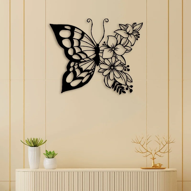 artistic nature inspired canvas prints-Flowers Butterfly Metal Wall Art