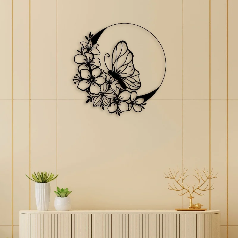 artistic geometric canvas wall prints-Flowers Ring Butterfly Metal Wall Art