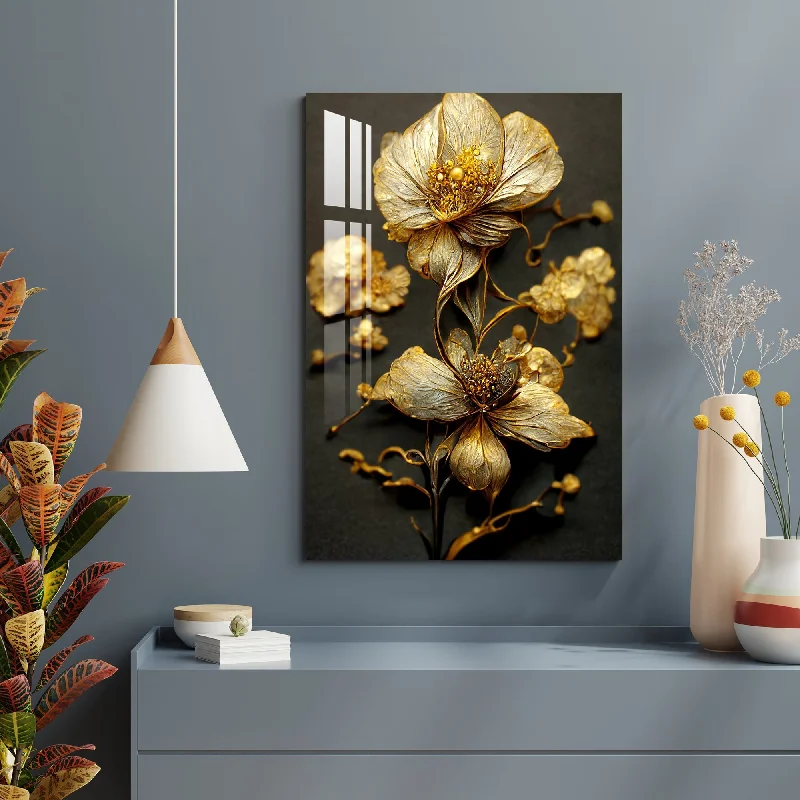 colorful coastal art prints-Glittering Golden Flowers Acrylic Wall Art - 23.5X16 inches / 5MM