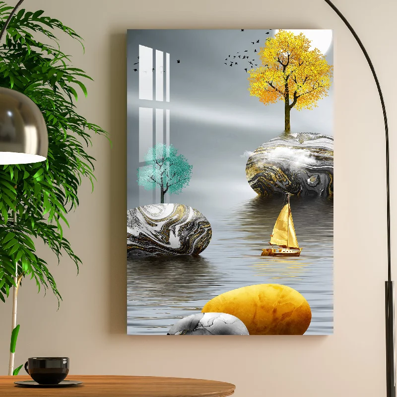 oversized floral wall art prints-Golden Boat & Golden Tree Acrylic Wall Art