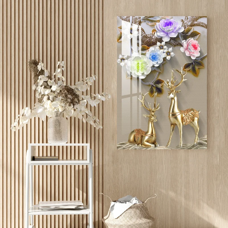 large modern abstract paintings for living room-Golden Deers with Colourful Flowers Acrylic Wall Art - 23.5X16 inches / 3MM