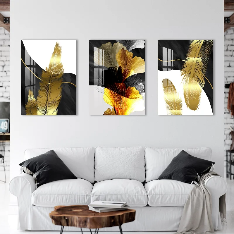 botanical photography wall art-Golden Feathers Acrylic Wall Art (Set of 3)