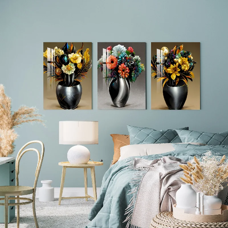 vintage beach photography prints-Gunmetal Vase And Flower Acrylic Wall Art (Set of 3)