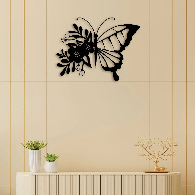 vibrant abstract floral prints for bedroom-Leaf Butterfly Metal Wall Art