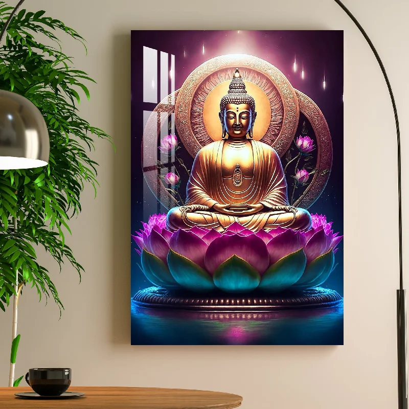 contemporary landscape prints for bedroom-Lord Buddha With Lotus Acrylic Wall Art - 23.5X16 inches / 5MM