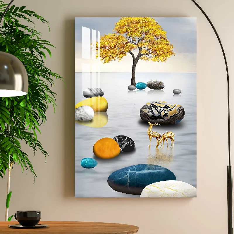 vibrant tropical canvas wall art-Lucky Stones with Golden Trees Acrylic Wall Art