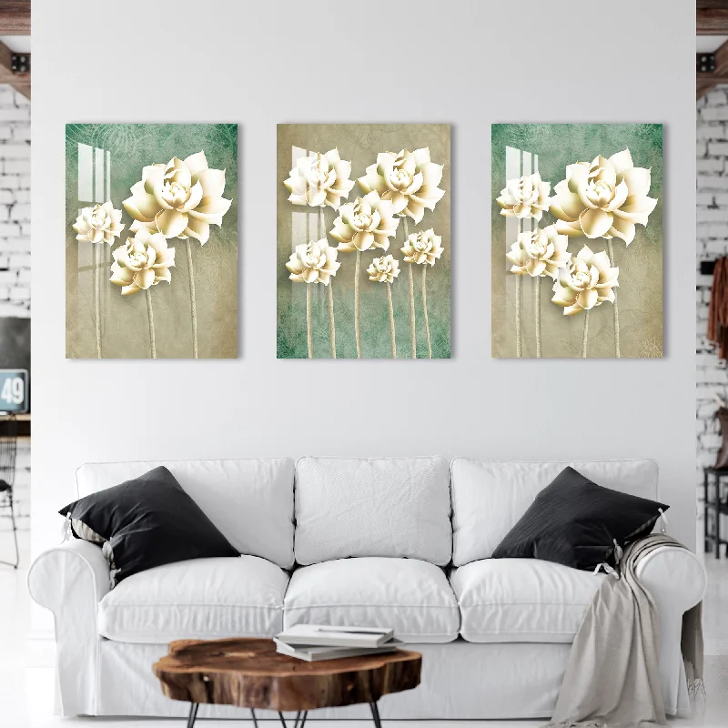 vintage floral wall paintings-Mangolian Flowers Acrylic Wall Art (Set of 3)