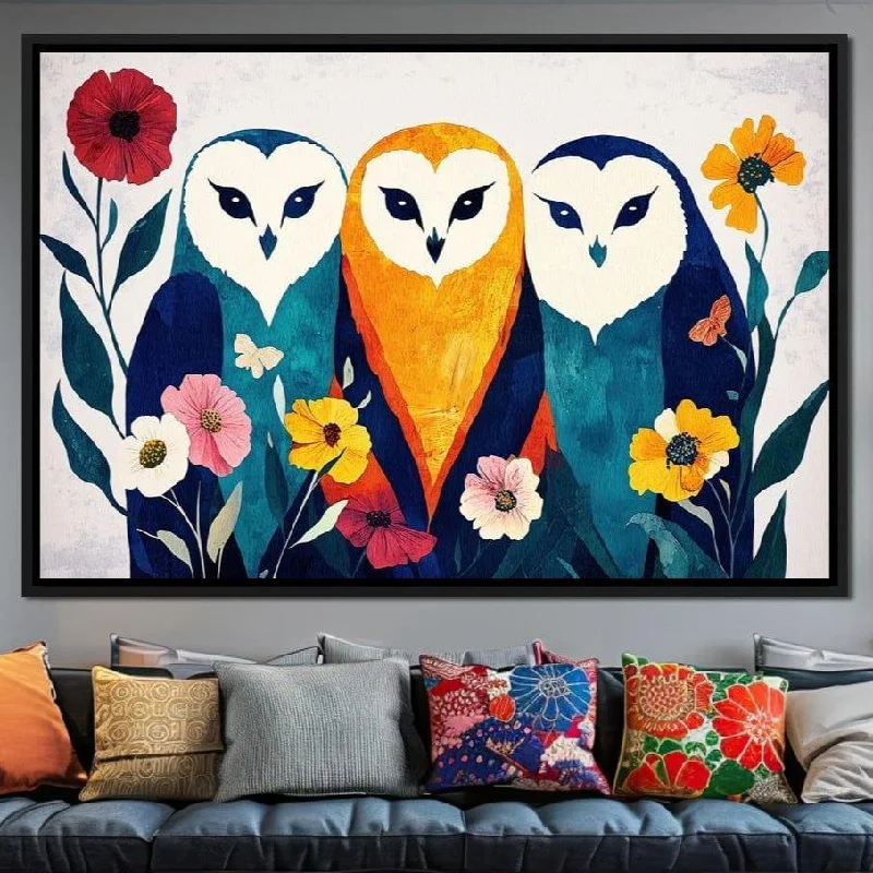 playful geometric art for wall-Nocturnal Owls Garden Harmony - Wildrose Creations