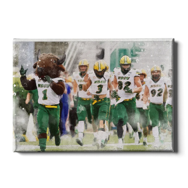 modern cityscape art prints for home-North Dakota State Bison - NDSU Running onto the Field Watercolor