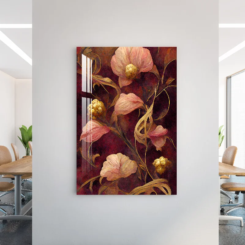 playful contemporary wall prints-Pink & Golden Retro Flower Acrylic Wall Art