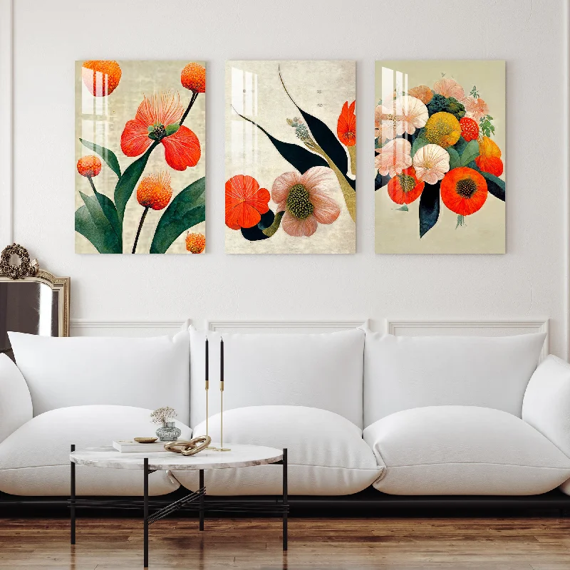 geometric landscape prints for wall-Tropical Bright Flowers Acrylic Wall Art (Set of 3)