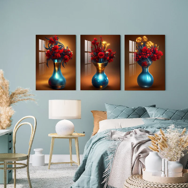 botanical prints for living room-Turquoise Vase with Red Flowers Acrylic Wall Art (Set of 3)