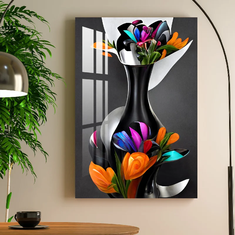 oversized tropical art prints-Vibrant Flowers in Black vessel Acrylic Wall Art