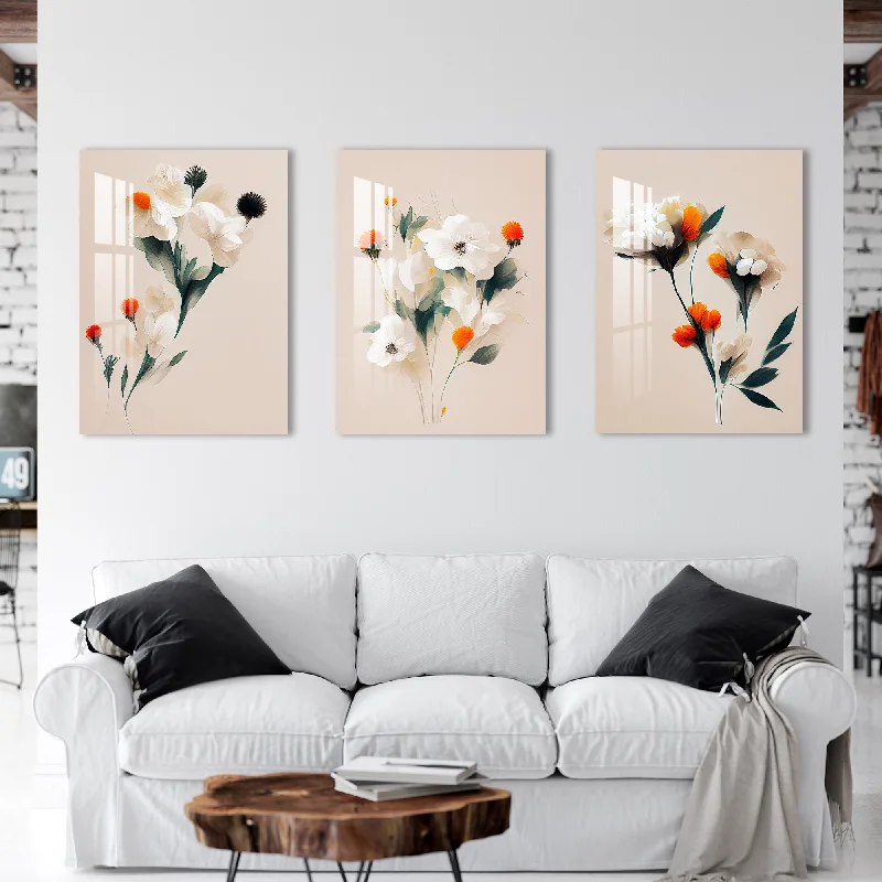 botanical art prints for bedroom-White & Orange Mangolian Flowers Acrylic Wall Art (Set of 3)