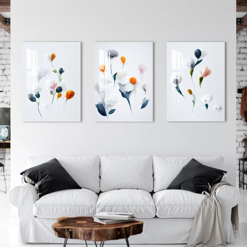 large abstract art prints for living room-White Themed Floral Acrylic Wall Art (Set of 3) - 29.5X20 inches / 8MM (Premium)